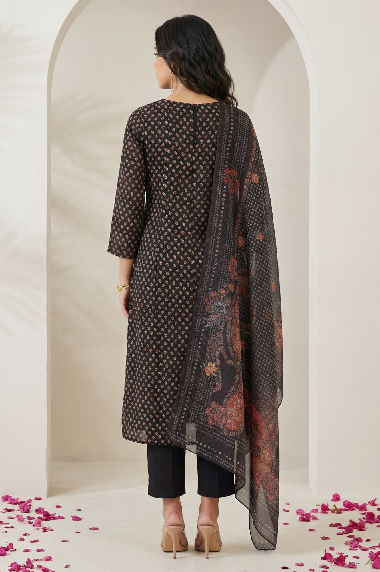 Black Embroidered Georgette Straight Kurta with Straight Pants and Dupatta Set