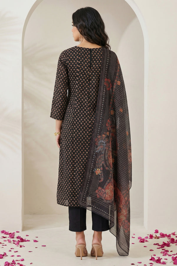 Black Embroidered Georgette Straight Kurta with Straight Pants and Dupatta Set