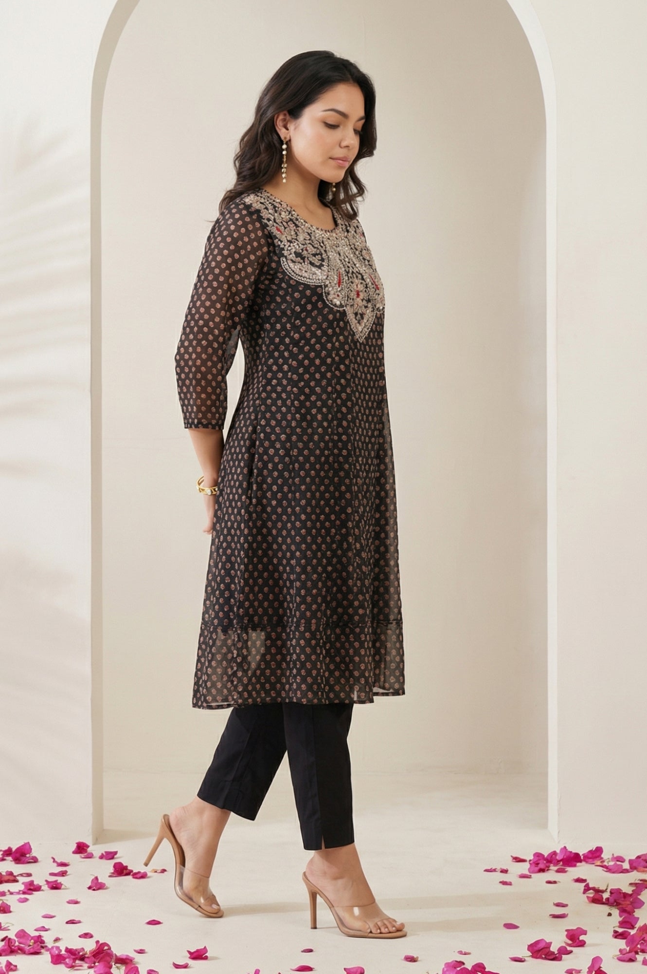 Black Embroidered Georgette Straight Kurta with Straight Pants and Dupatta Set