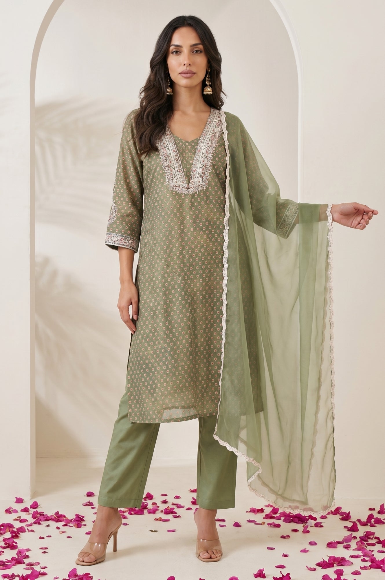 Olive Green Embroidered Chanderi Straight Kurta with Pants and Dupatta Set