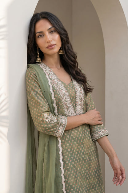 Olive Green Embroidered Chanderi Straight Kurta with Pants and Dupatta Set