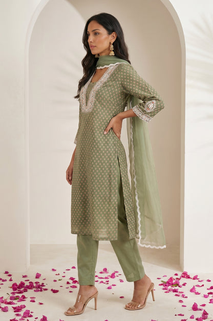 Olive Green Embroidered Chanderi Straight Kurta with Pants and Dupatta Set