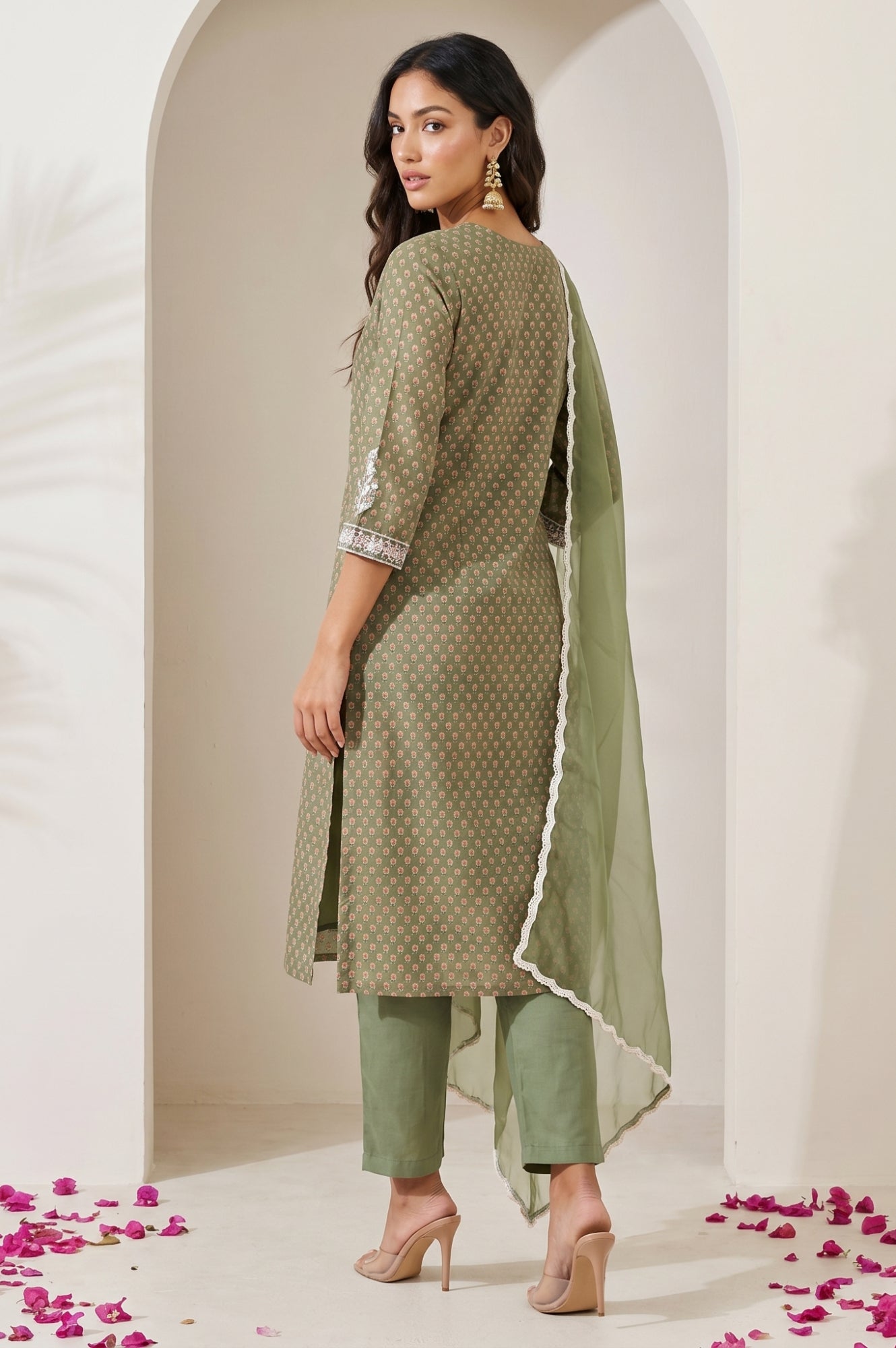 Olive Green Embroidered Chanderi Straight Kurta with Pants and Dupatta Set