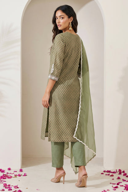 Olive Green Embroidered Chanderi Straight Kurta with Pants and Dupatta Set