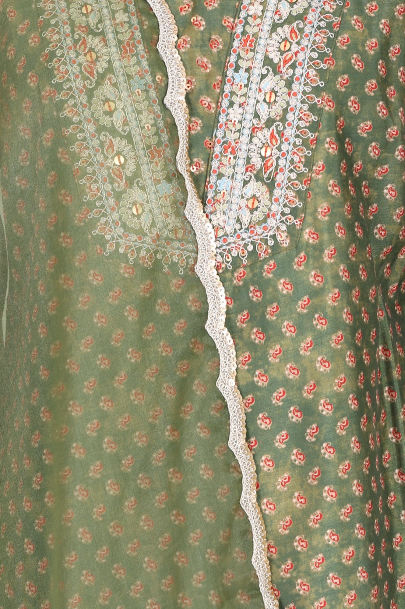 Olive Green Embroidered Chanderi Straight Kurta with Pants and Dupatta Set