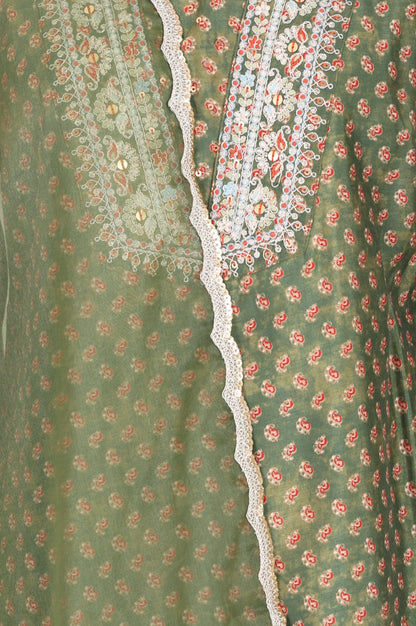 Olive Green Embroidered Chanderi Straight Kurta with Pants and Dupatta Set