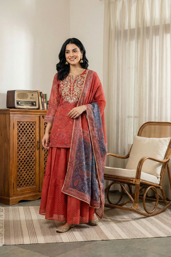 Red Zari Embroidered Paisley Printed Chanderi Straight Kurta with Sharara and Dupatta Set
