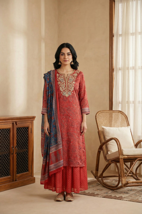 Red Zari Embroidered Paisley Printed Chanderi Straight Kurta with Sharara and Dupatta Set
