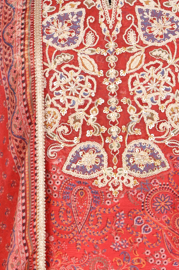 Red Zari Embroidered Paisley Printed Chanderi Straight Kurta with Sharara and Dupatta Set
