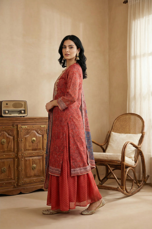 Red Zari Embroidered Paisley Printed Chanderi Straight Kurta with Sharara and Dupatta Set