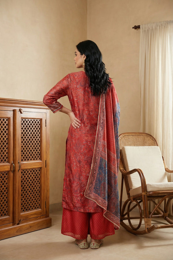 Red Zari Embroidered Paisley Printed Chanderi Straight Kurta with Sharara and Dupatta Set