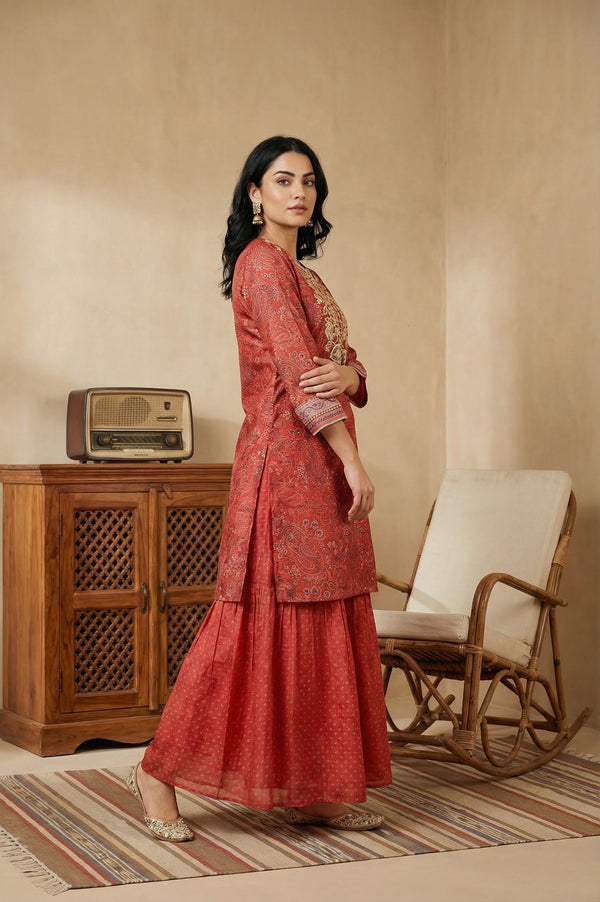 Red Zari Embroidered Paisley Printed Chanderi Straight Kurta with Sharara and Dupatta Set