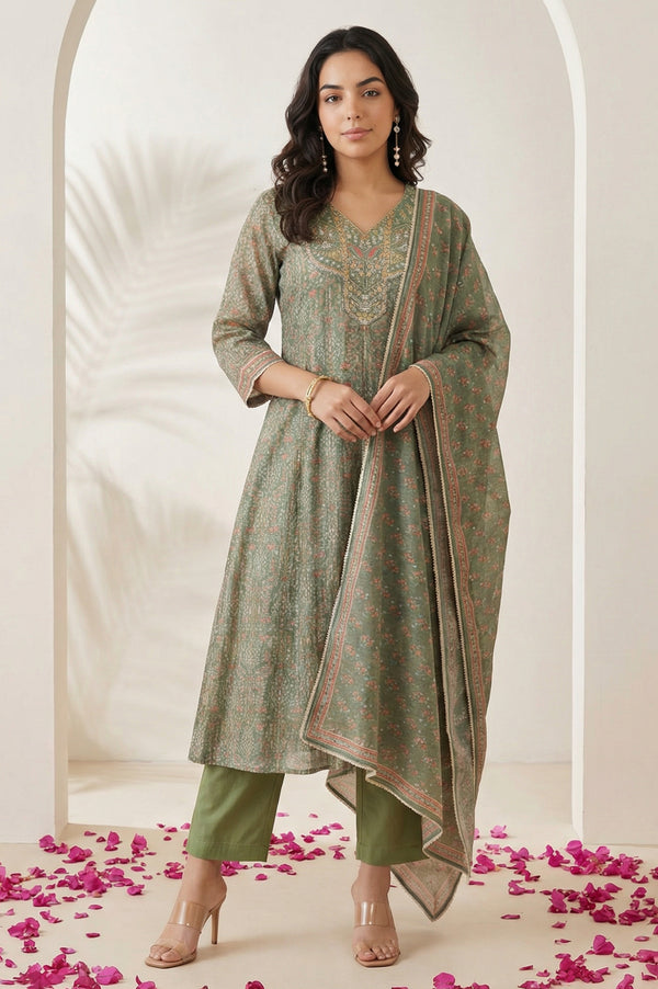 Olive Floral Printed Mirror Work Chanderi A-line Kurta with Straight Pants and Dupatta Set