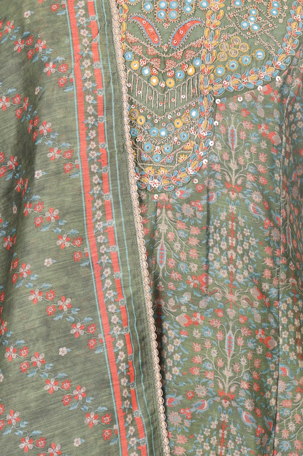 Olive Floral Printed Mirror Work Chanderi A-line Kurta with Straight Pants and Dupatta Set
