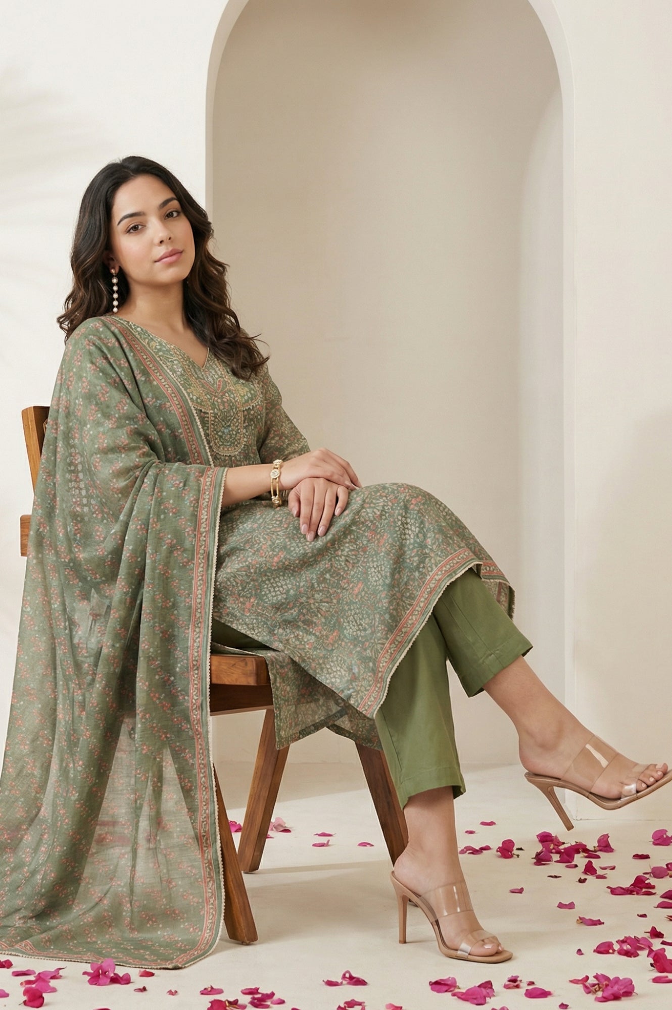 Olive Floral Printed Mirror Work Chanderi A-line Kurta with Straight Pants and Dupatta Set