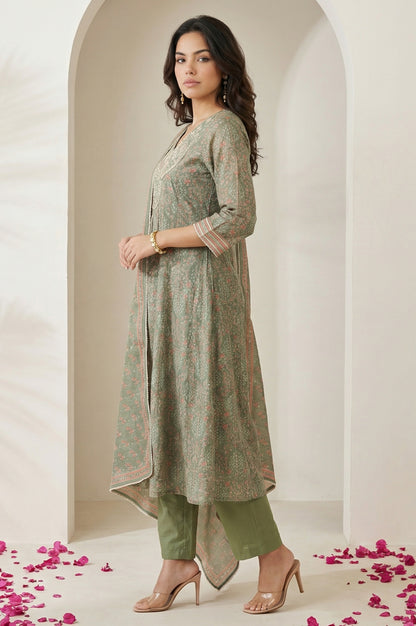 Olive Floral Printed Mirror Work Chanderi A-line Kurta with Straight Pants and Dupatta Set