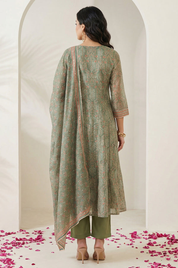 Olive Floral Printed Mirror Work Chanderi A-line Kurta with Straight Pants and Dupatta Set