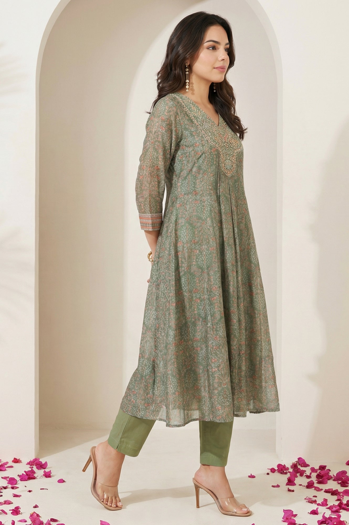 Olive Floral Printed Mirror Work Chanderi A-line Kurta with Straight Pants and Dupatta Set