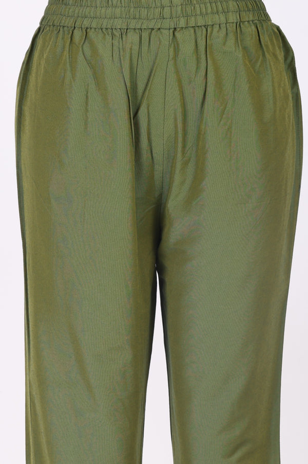 Olive Floral Printed Mirror Work Chanderi A-line Kurta with Straight Pants and Dupatta Set