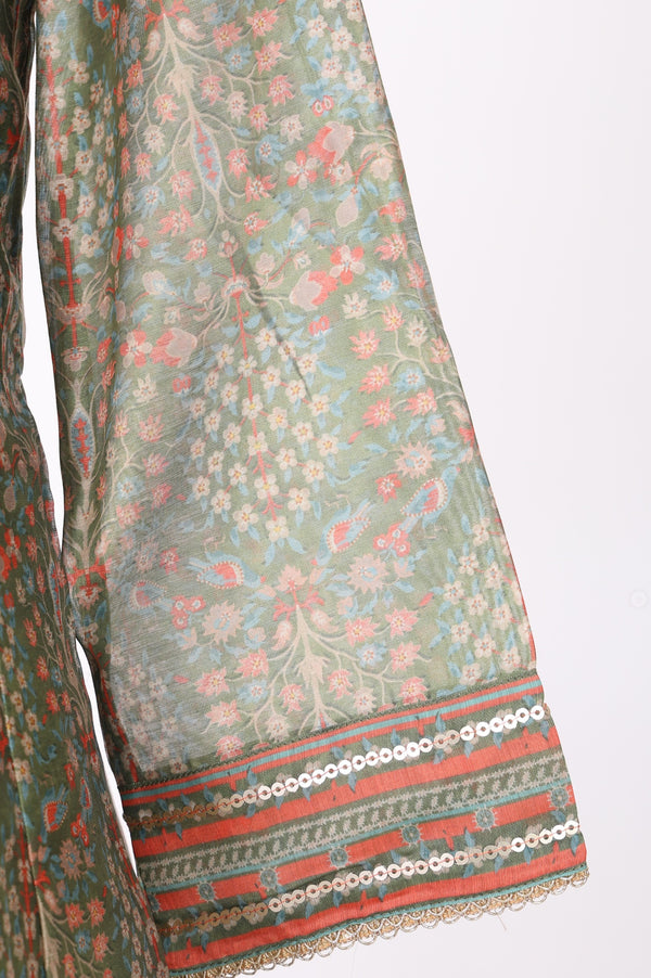 Olive Floral Printed Mirror Work Chanderi A-line Kurta with Straight Pants and Dupatta Set