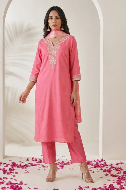 Pink Embroidered Straight Kurta with Pants Set and jacquard Dupatta