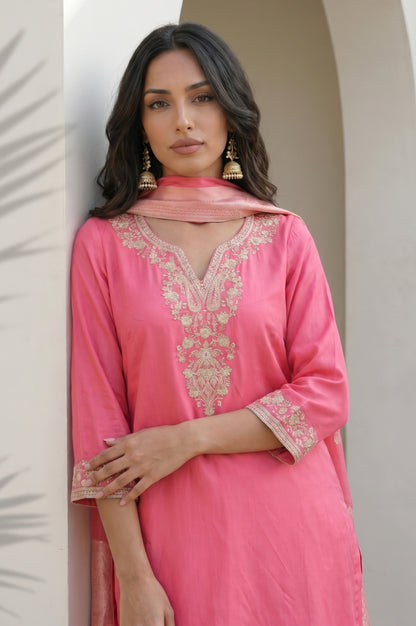 Pink Embroidered Straight Kurta with Pants Set and jacquard Dupatta