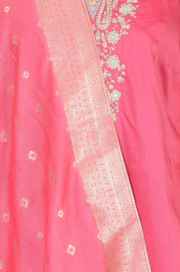 Pink Embroidered Straight Kurta with Pants Set and jacquard Dupatta