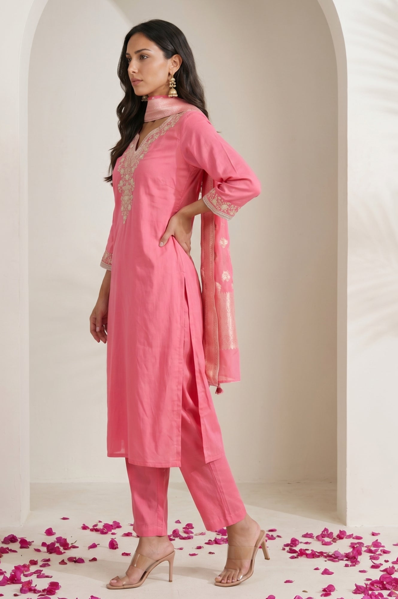 Pink Embroidered Straight Kurta with Pants Set and jacquard Dupatta