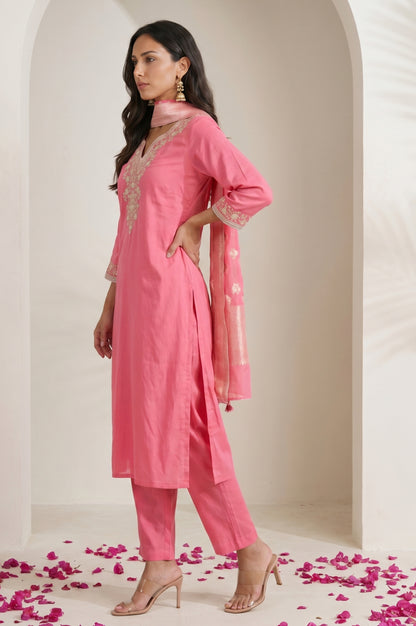 Pink Embroidered Straight Kurta with Pants Set and jacquard Dupatta