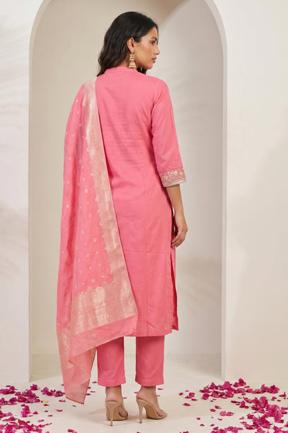 Pink Embroidered Straight Kurta with Pants Set and jacquard Dupatta