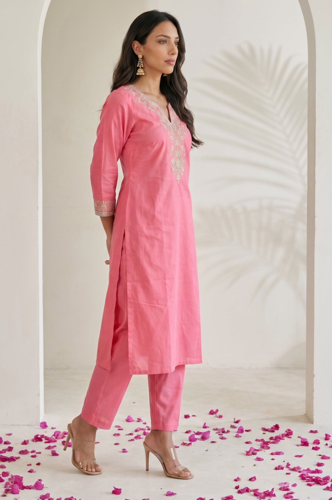 Pink Embroidered Straight Kurta with Pants Set and jacquard Dupatta