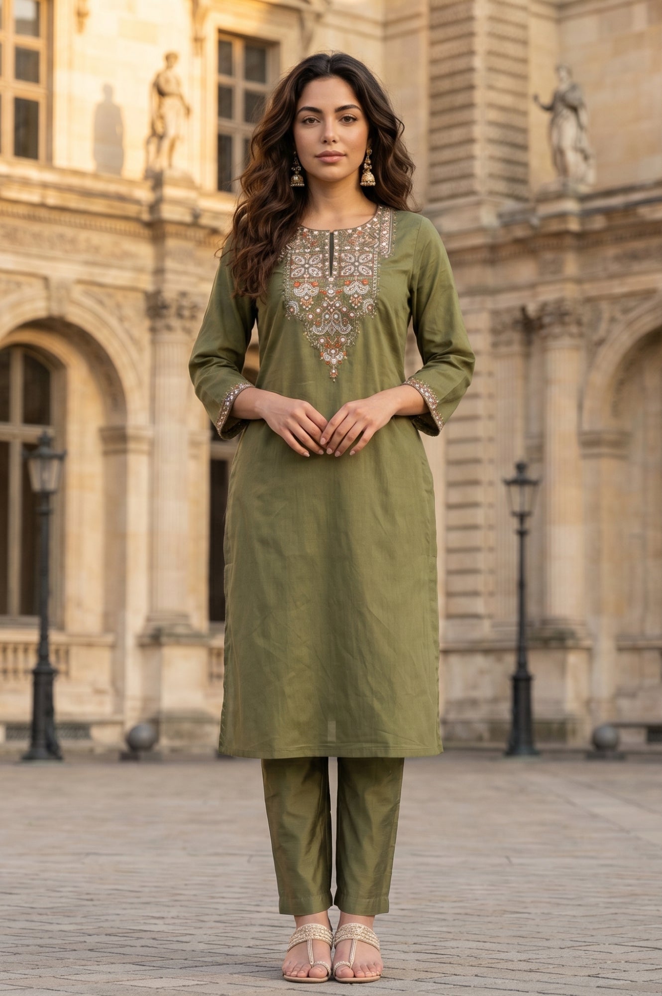 Olive Embroidered Straight Kurta With Straight Pants Co-ord Set