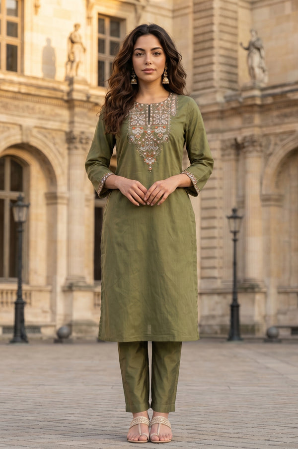 Olive Embroidered Straight Kurta With Straight Pants Co-ord Set