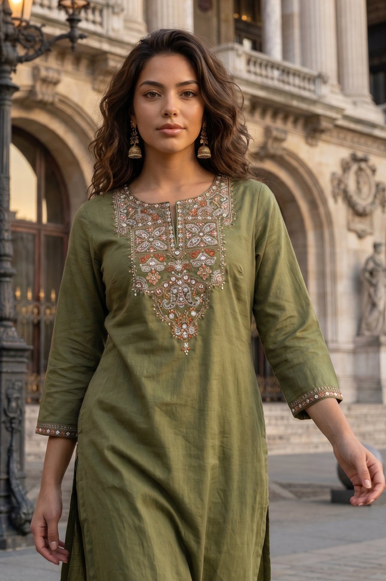 Olive Embroidered Straight Kurta With Straight Pants Co-ord Set