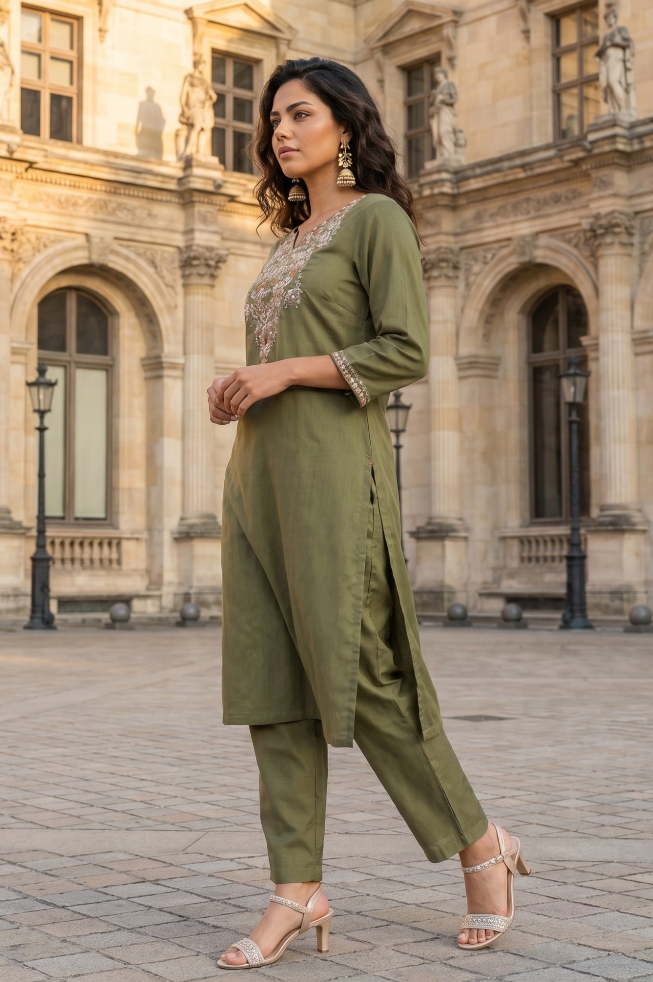 Olive Embroidered Straight Kurta With Straight Pants Co-ord Set