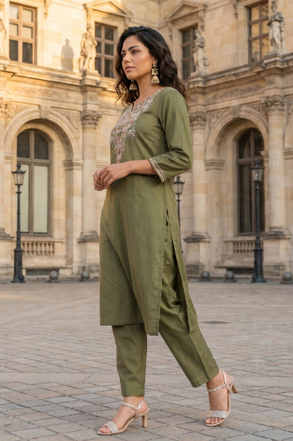 Olive Embroidered Straight Kurta With Straight Pants Co-ord Set