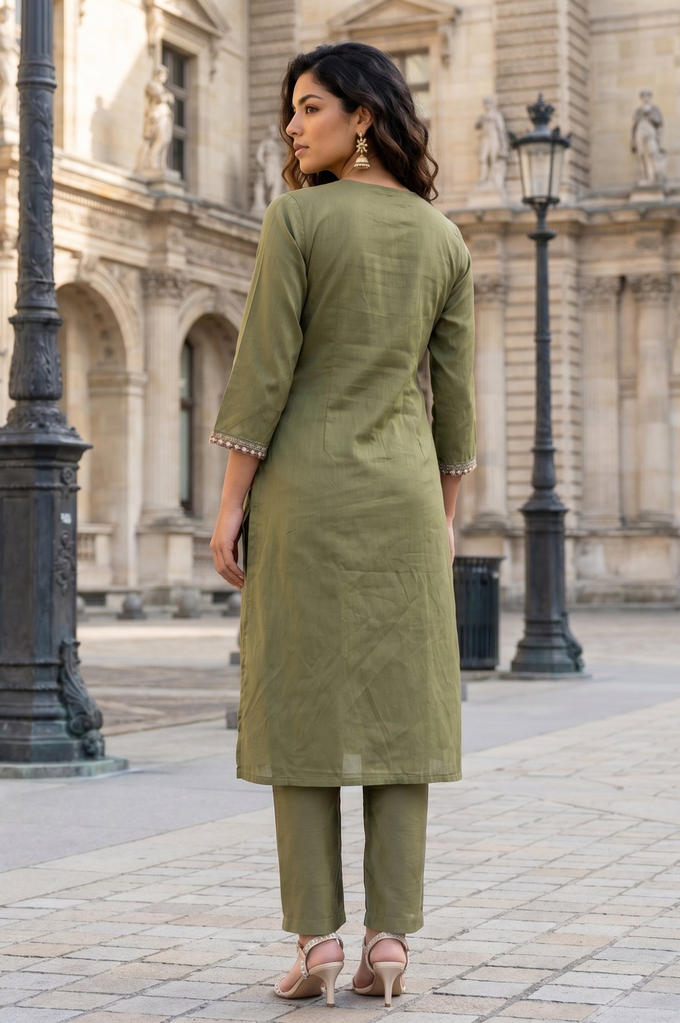 Olive Embroidered Straight Kurta With Straight Pants Co-ord Set