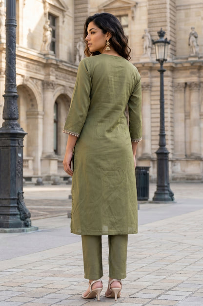 Olive Embroidered Straight Kurta With Straight Pants Co-ord Set