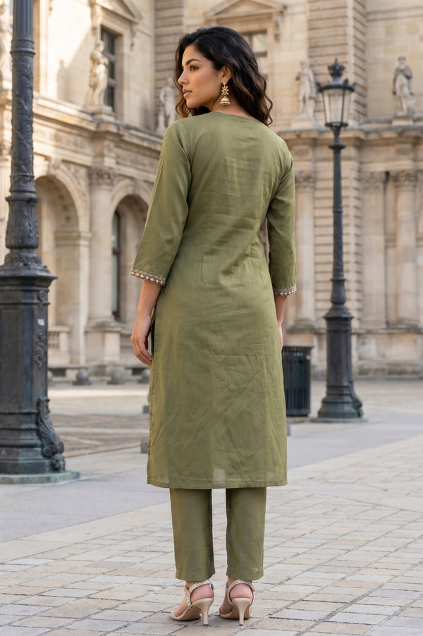 Olive Embroidered Straight Kurta With Straight Pants Co-ord Set