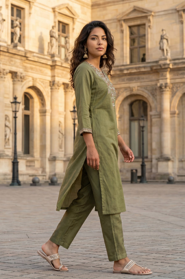Olive Embroidered Straight Kurta With Straight Pants Co-ord Set