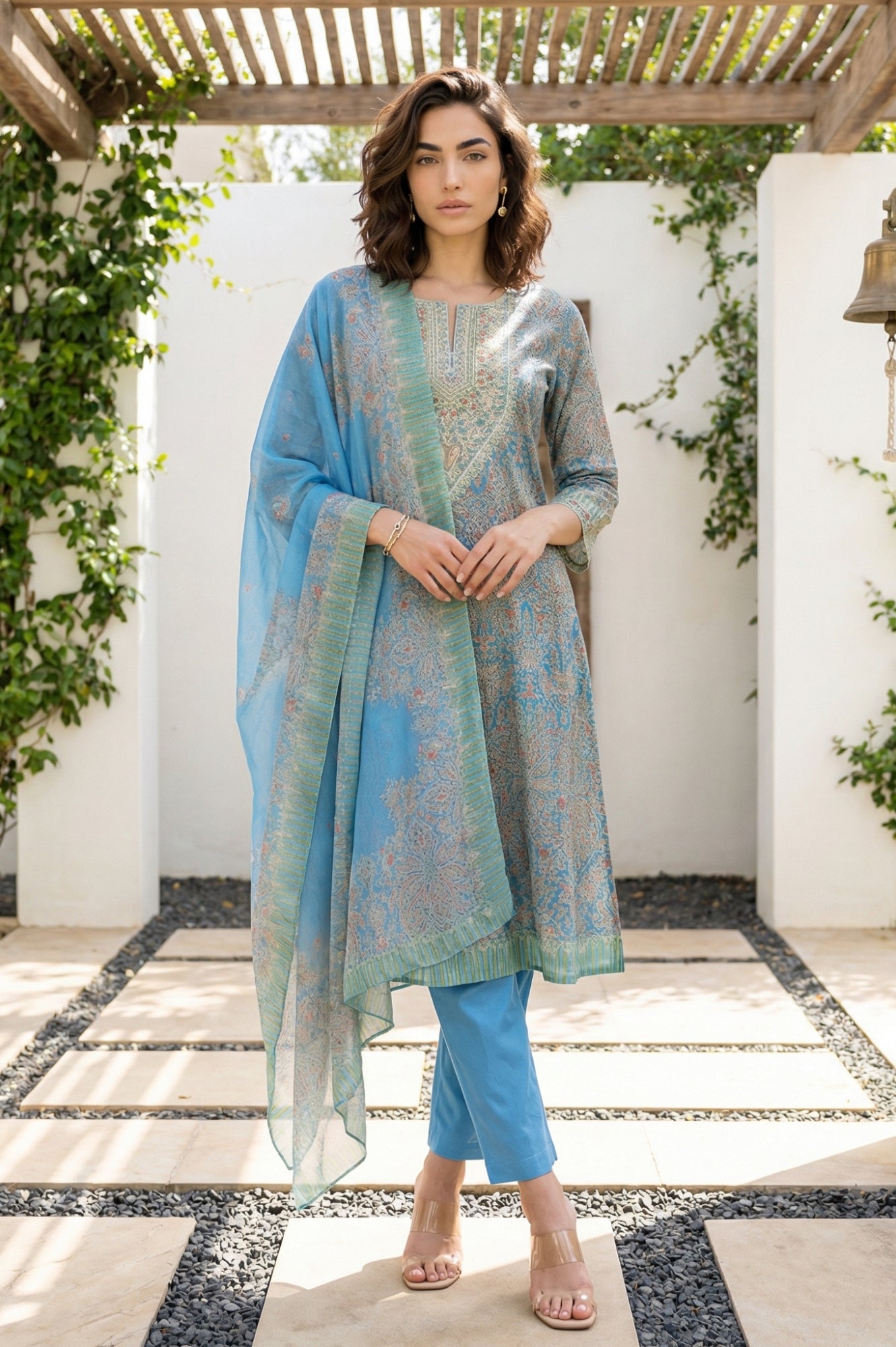 Blue Paisley Printed Embroidered Pure Cotton Straight Kurta with Straight Pants and Dupatta Set