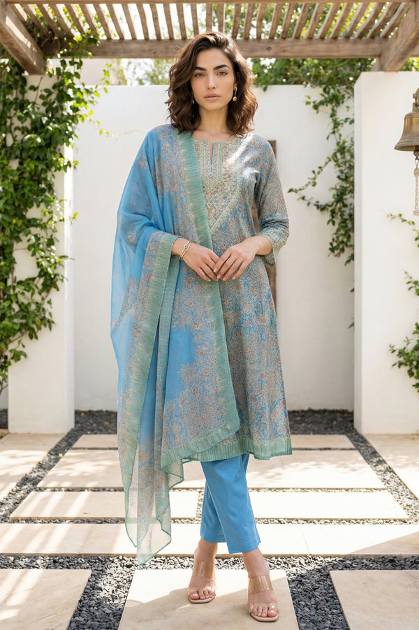 Blue Paisley Printed Embroidered Pure Cotton Straight Kurta with Straight Pants and Dupatta Set