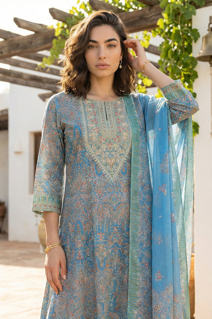 Blue Paisley Printed Embroidered Pure Cotton Straight Kurta with Straight Pants and Dupatta Set