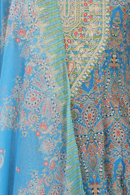 Blue Paisley Printed Embroidered Pure Cotton Straight Kurta with Straight Pants and Dupatta Set