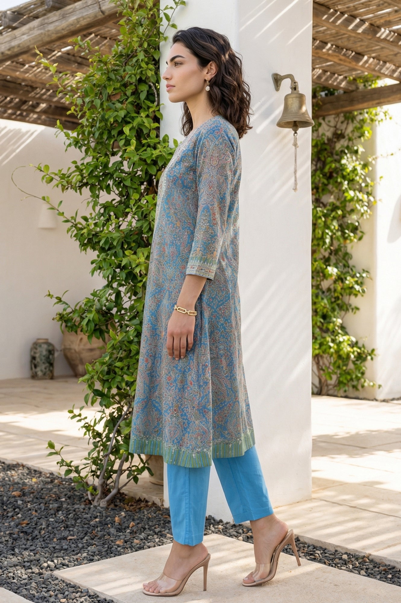 Blue Paisley Printed Embroidered Pure Cotton Straight Kurta with Straight Pants and Dupatta Set