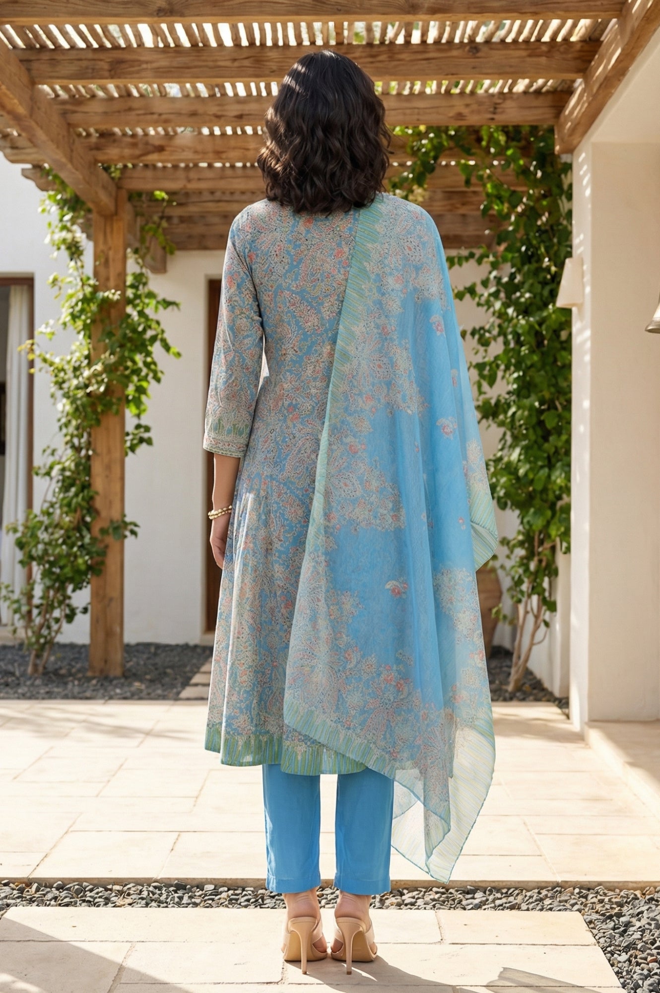 Blue Paisley Printed Embroidered Pure Cotton Straight Kurta with Straight Pants and Dupatta Set