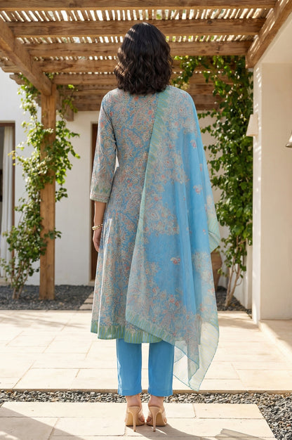 Blue Paisley Printed Embroidered Pure Cotton Straight Kurta with Straight Pants and Dupatta Set