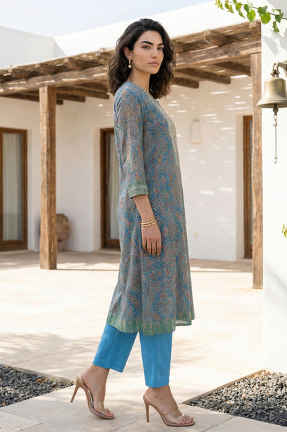 Blue Paisley Printed Embroidered Pure Cotton Straight Kurta with Straight Pants and Dupatta Set