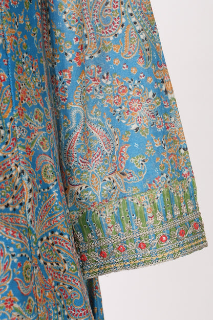 Blue Paisley Printed Embroidered Pure Cotton Straight Kurta with Straight Pants and Dupatta Set