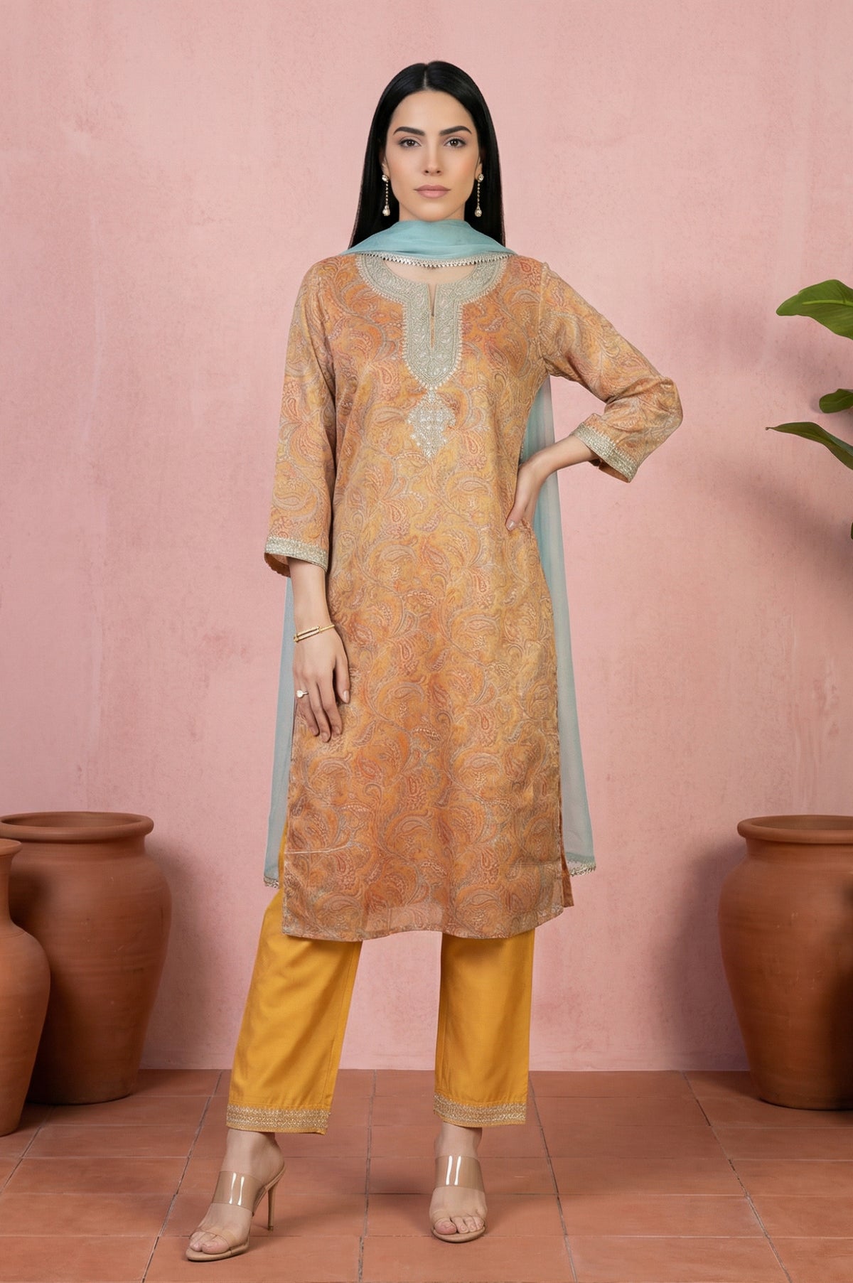 Mustard Sequins Paisley Printed Tissue Straight Kurta with Straight Pants and Dupatta Set - S